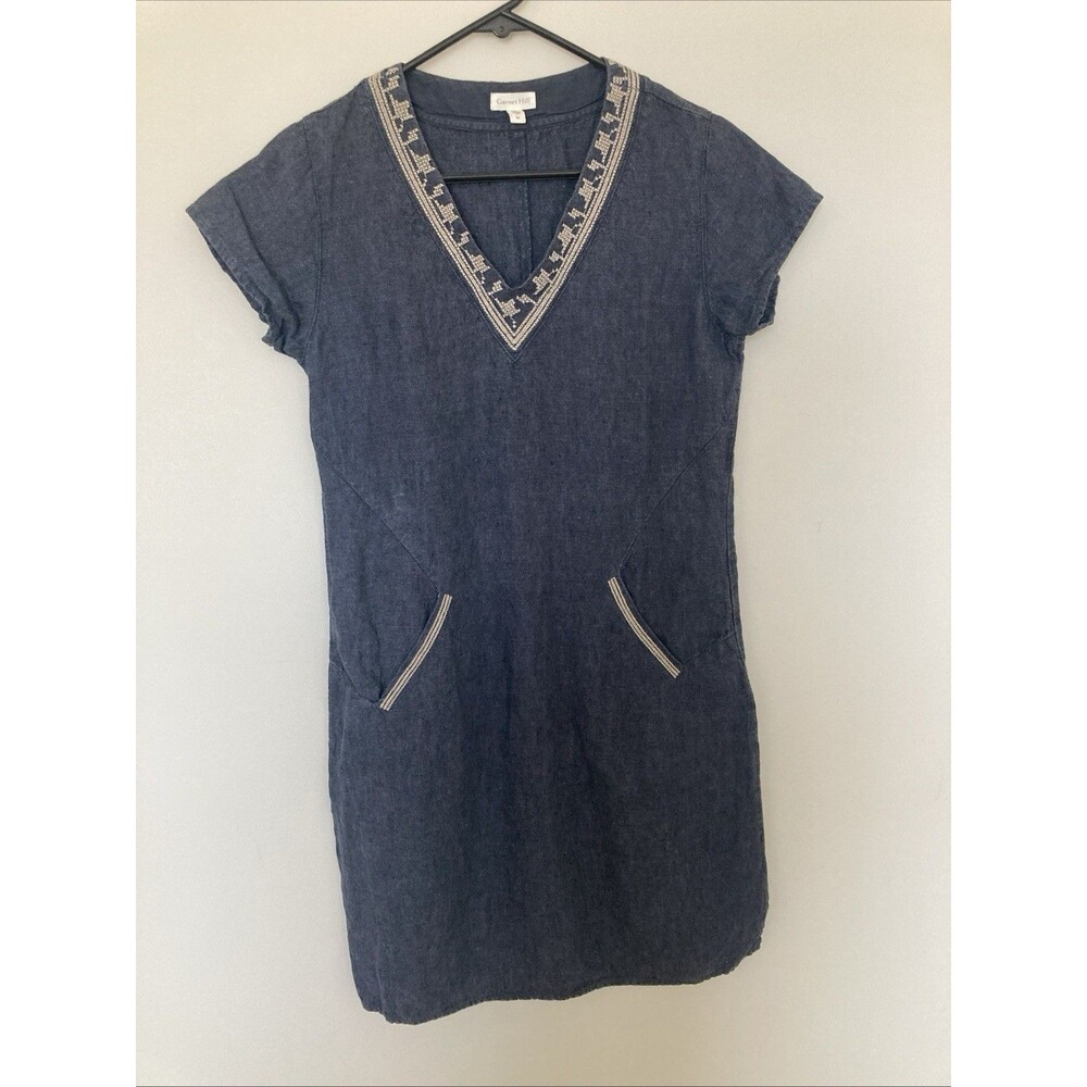 Garnet Hill 100% Linen Embroidered Dress V Neck Women's Sz 4 Denim Style Blue